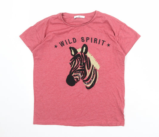 Marks and Spencer Girls Red Polyester Basic T-Shirt Size 12-13 Years Crew Neck Pullover - Zebra Wild Spirit