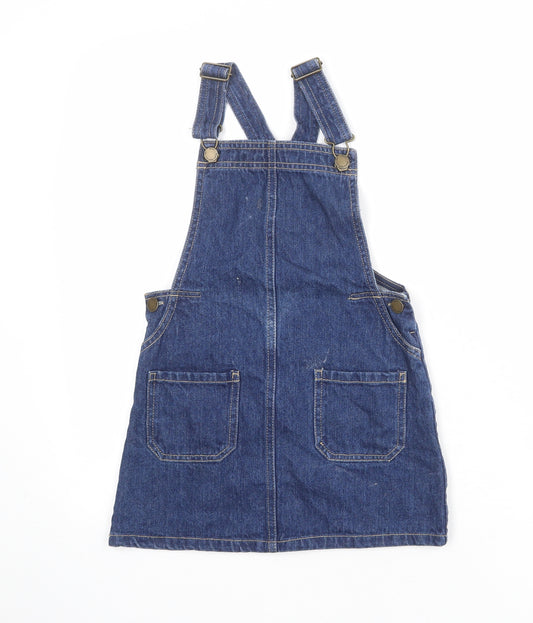 NEXT Girls Blue 100% Cotton Pinafore/Dungaree Dress Size 6 Years Square Neck Button