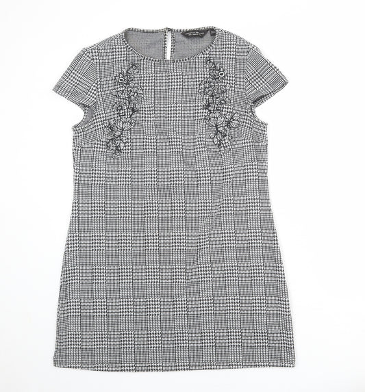 Dorothy Perkins Womens Grey Plaid Polyester A-Line Size 12 Round Neck Button - Flower Detail