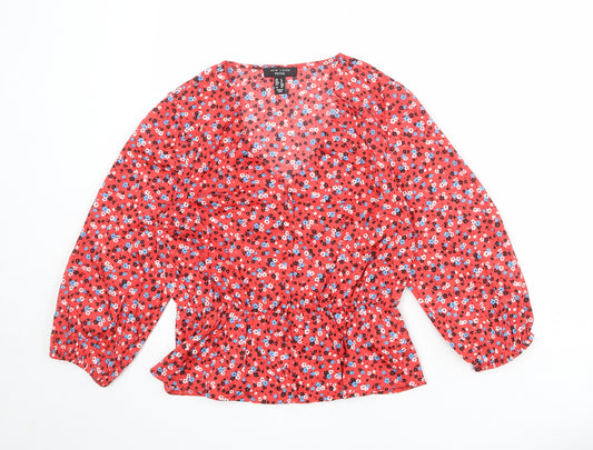 New Look Womens Red Floral Polyester Basic Blouse Size 4 V-Neck