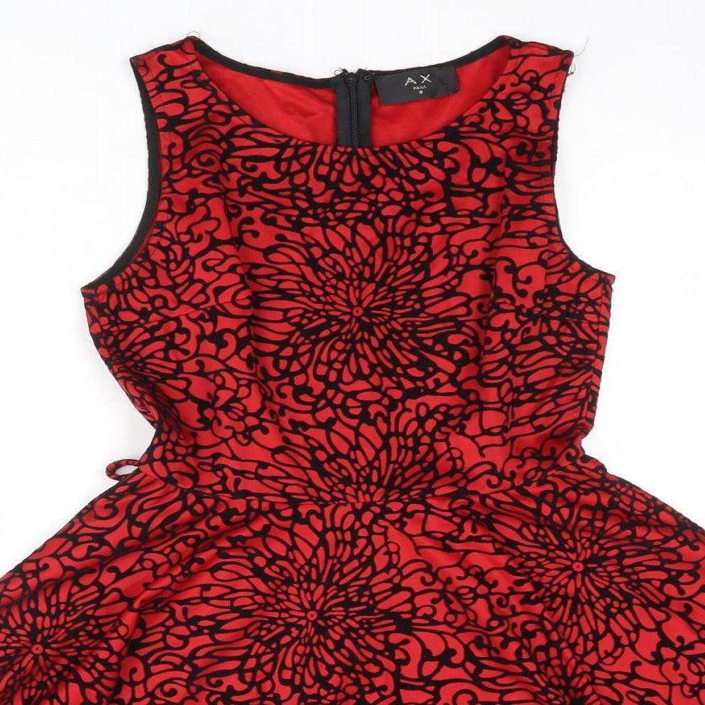 AX Paris Womens Red Geometric Polyester Skater Dress Size 8 Round Neck Zip