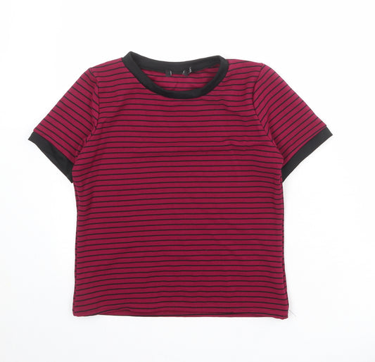 Boohoo Womens Purple Striped Polyester Basic T-Shirt Size 14 Round Neck