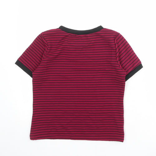 Boohoo Womens Purple Striped Polyester Basic T-Shirt Size 14 Round Neck