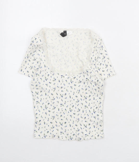 Divided by H&M Womens White Floral Cotton Cropped Blouse Size S Round Neck