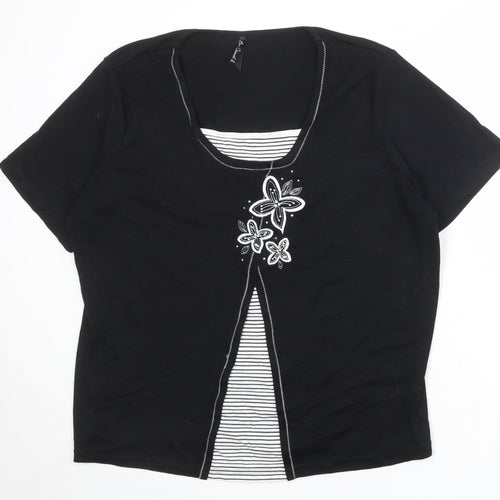 Bonmarché Womens Black Striped Polyester Basic Blouse Size XL Round Neck - Flowers