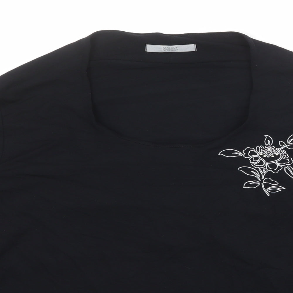 Marks and Spencer Womens Black Viscose Basic T-Shirt Size 18 Scoop Neck - Flower Detail