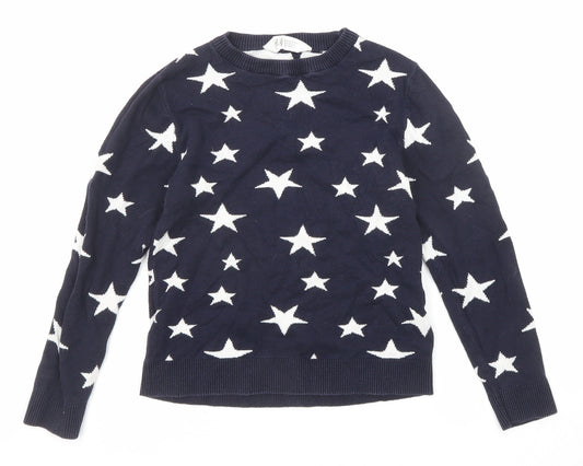 H&M Girls Blue Round Neck Geometric Cotton Pullover Jumper Size 7-8 Years Pullover - Star Pattern
