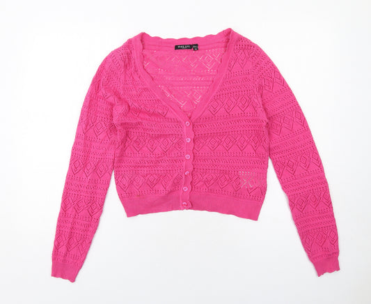 Brave Soul Womens Pink V-Neck Geometric Cotton Cardigan Jumper Size XS