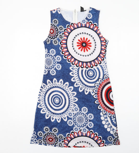 Izabel London Womens Multicoloured Geometric Polyester A-Line Size 8 Round Neck Zip