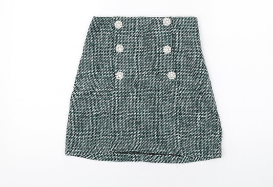 Topshop Womens Green Geometric Cotton A-Line Skirt Size 8 Zip