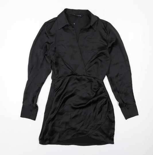Zara Womens Black Polyester Shirt Dress Size XS Collared Zip