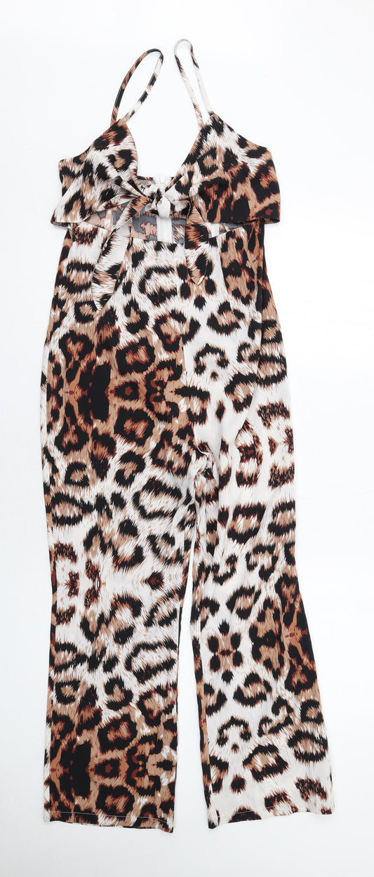 Boohoo Womens Brown Animal Print Polyester Jumpsuit One-Piece Size 10 Zip - Leopard Print