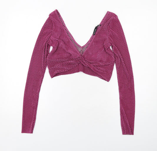 Bershka Womens Pink Geometric Polyester Cropped T-Shirt Size M V-Neck - Twist Detail