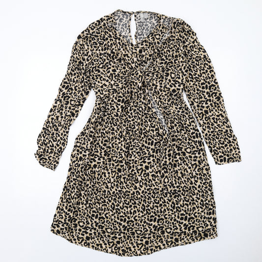 ASOS Womens Beige Animal Print Viscose A-Line Size 12 Round Neck Zip - Leopard Print , Twist Detail