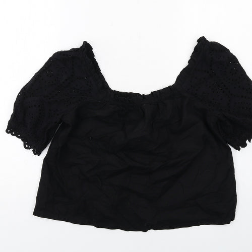 Lipsy Womens Black Cotton Cropped Blouse Size 10 Round Neck - Broderie Anglaise