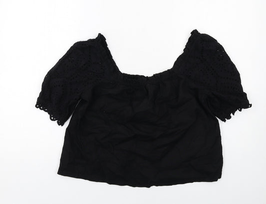 Lipsy Womens Black Cotton Cropped Blouse Size 10 Round Neck - Broderie Anglaise