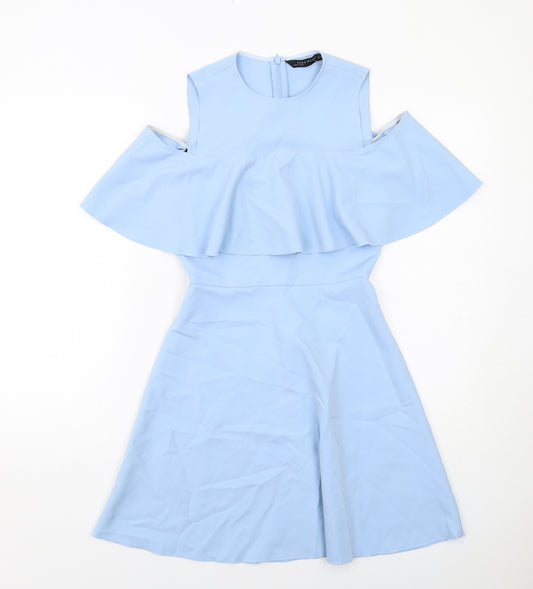 Zara Womens Blue Polyester Skater Dress Size XS Round Neck Zip - Cold Shoulder