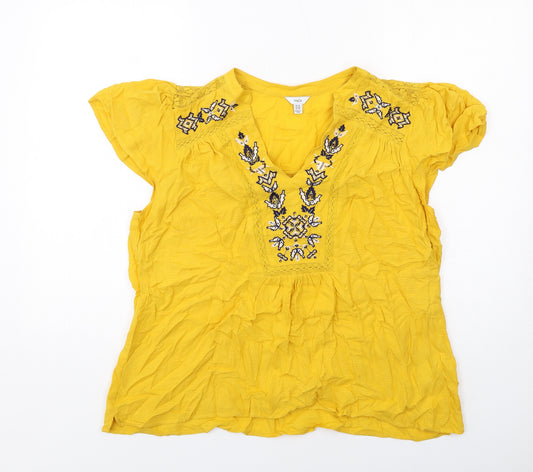 M&Co Womens Yellow Viscose Basic Blouse Size 14 V-Neck
