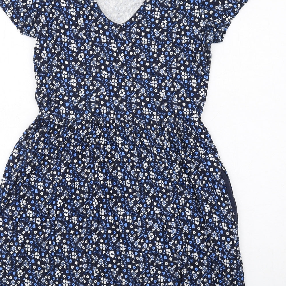 NEXT Womens Blue Floral Cotton A-Line Size 10 Round Neck Pullover