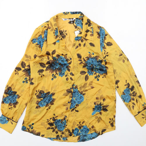Zara Womens Yellow Floral Polyester Basic Button-Up Size XS Collared
