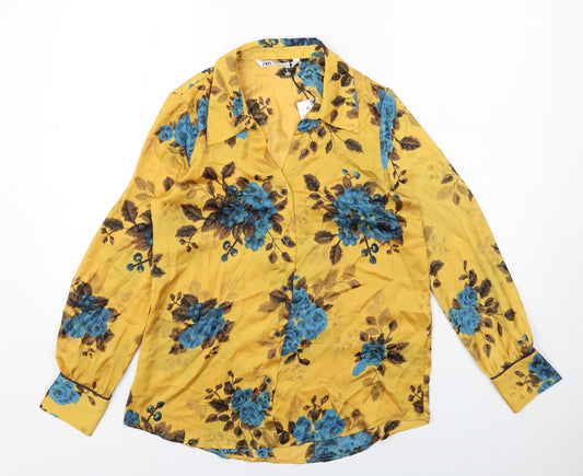 Zara Womens Yellow Floral Polyester Basic Button-Up Size XS Collared