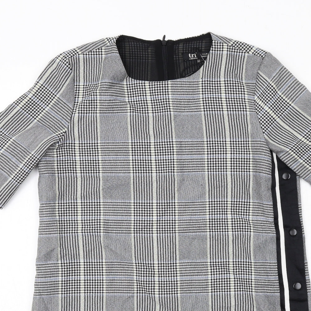 Zara Womens Grey Plaid Polyester Shift Size M Round Neck Zip