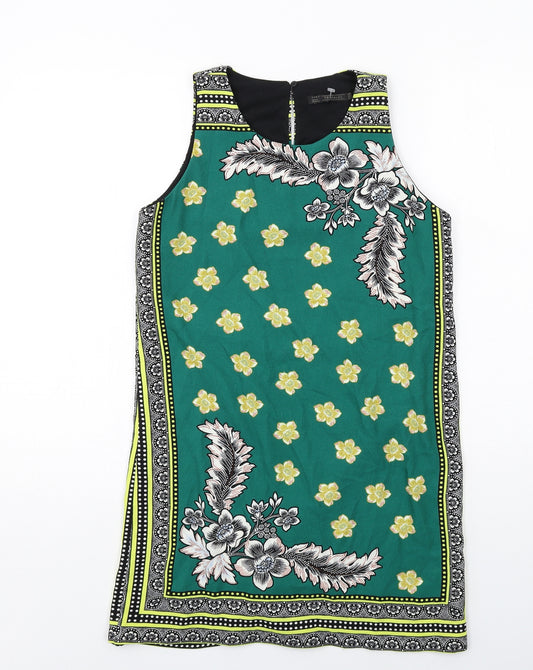 Zara Womens Green Geometric Polyester Sheath Size S Round Neck Button