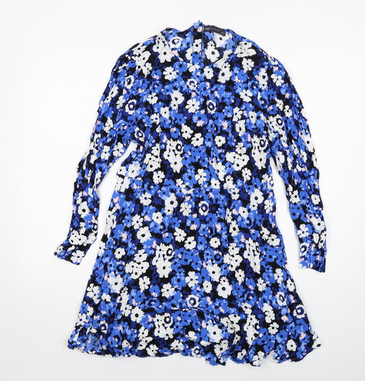 Marks and Spencer Womens Blue Floral Viscose A-Line Size 18 Round Neck Zip