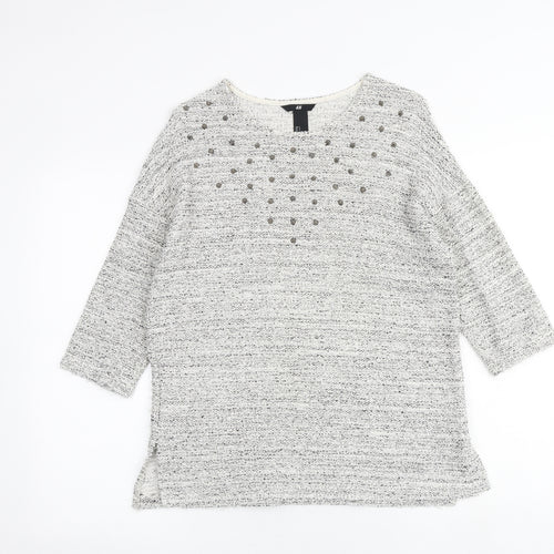 H&M Womens Grey Geometric Cotton Basic Blouse Size S Round Neck