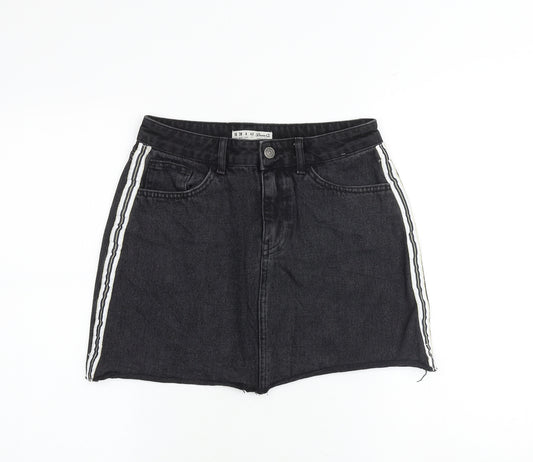 Denim & Co. Womens Black Herringbone Cotton Mini Skirt Size 10 Zip