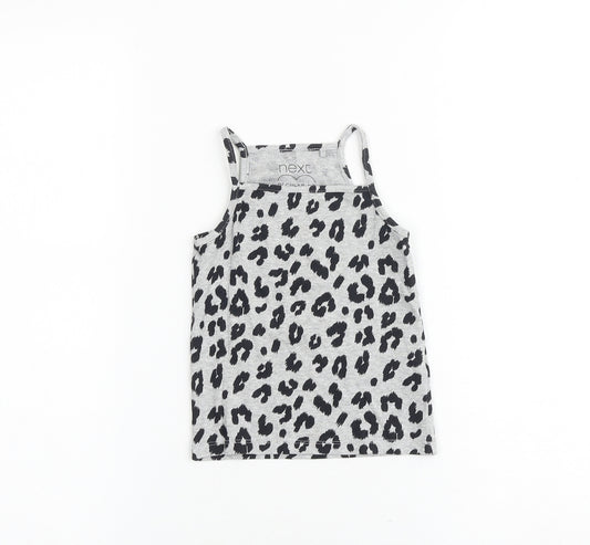 NEXT Girls Grey Animal Print Cotton Basic Tank Size 4 Years Square Neck Pullover - Leopard Print