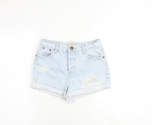 River Island Womens Blue 100% Cotton Hot Pants Shorts Size 8 Regular Zip - Distressed look