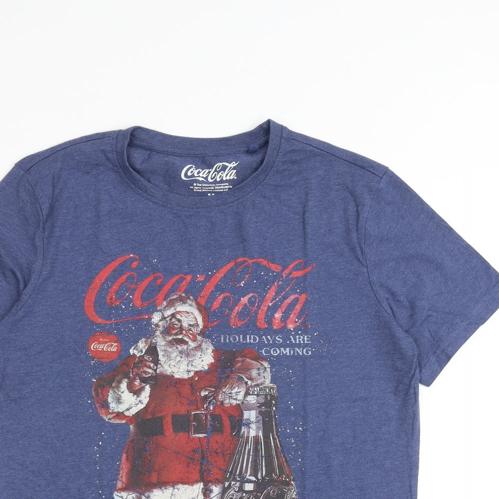 Coca-Cola Mens Blue Cotton T-Shirt Size M Round Neck - Father Christmas