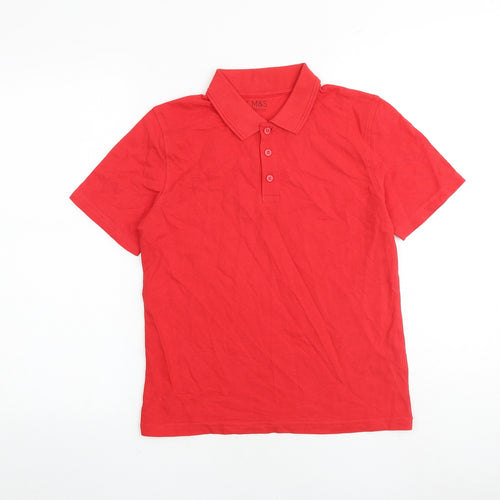 Marks and Spencer Boys Red 100% Cotton Basic Polo Size 10-11 Years Collared Button