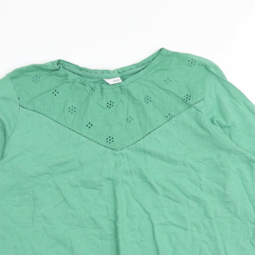 M&Co Womens Green 100% Cotton Basic T-Shirt Size 12 Round Neck - Broderie Anglaise Details