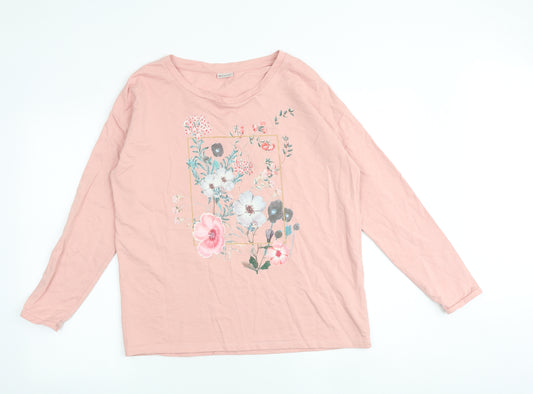 Damart Womens Pink 100% Cotton Basic T-Shirt Size 14 Boat Neck - Size 14-16 Floral Detail