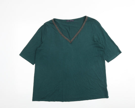 Marks and Spencer Womens Green Viscose Basic T-Shirt Size 16 V-Neck - Embellished Neckline