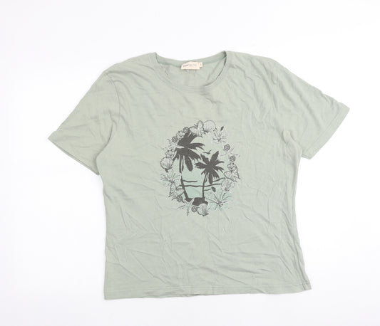 Bonmarché Womens Green 100% Cotton Basic T-Shirt Size L Round Neck - Palm Trees