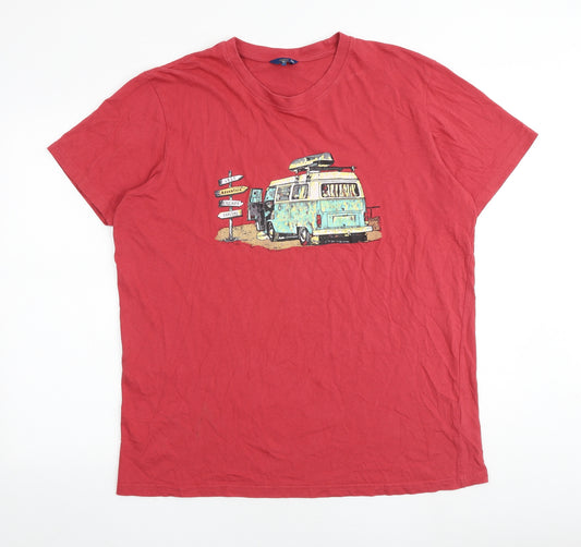 Cotton Traders Mens Red Cotton T-Shirt Size XL Round Neck - Camper Van