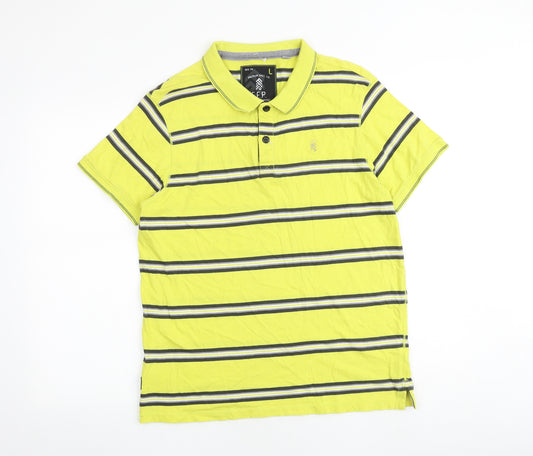 Debenhams Mens Yellow Striped 100% Cotton Polo Size L Collared Button