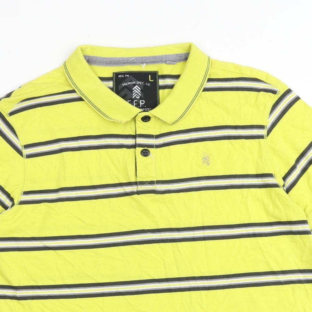 Debenhams Mens Yellow Striped 100% Cotton Polo Size L Collared Button