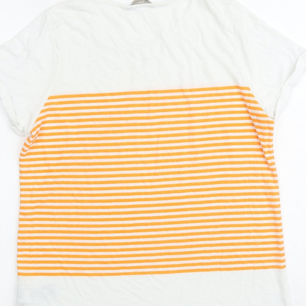 Marks and Spencer Womens White Striped Polyester Basic T-Shirt Size 14 Round Neck