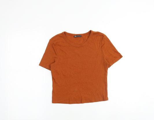 Zara Womens Brown Cotton Basic T-Shirt Size M Round Neck