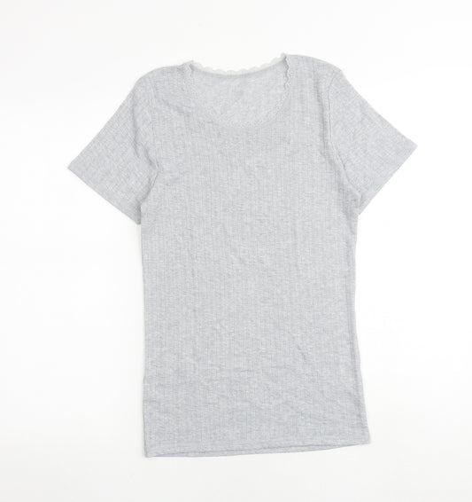 Marks and Spencer Womens Grey Polyester Basic T-Shirt Size 14 Round Neck - Lace Trim