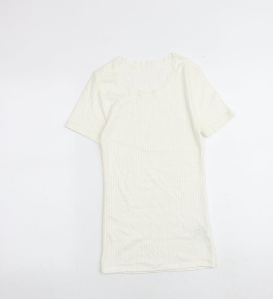 Marks and Spencer Womens Ivory Polyester Basic T-Shirt Size 8 Boat Neck - Lace Trim