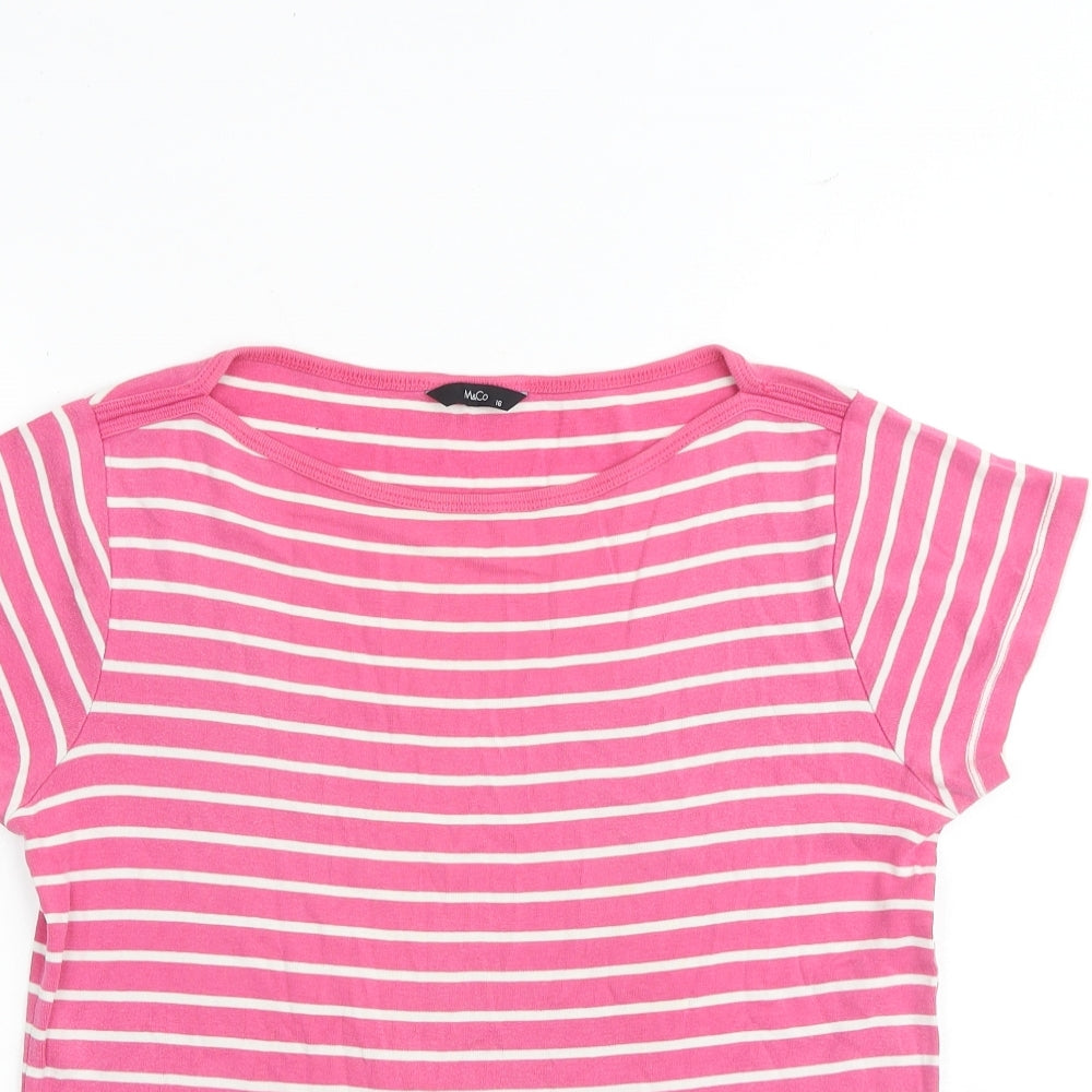 M&Co Womens Pink Striped 100% Cotton Basic T-Shirt Size 16 Boat Neck