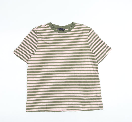 Marks and Spencer Womens Green Striped 100% Cotton Basic T-Shirt Size 14 Crew Neck