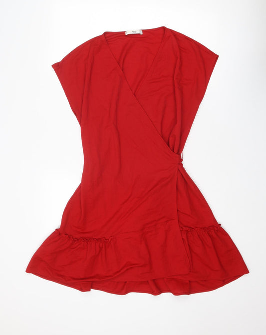 Mango Womens Red Viscose Wrap Dress Size L V-Neck Tie