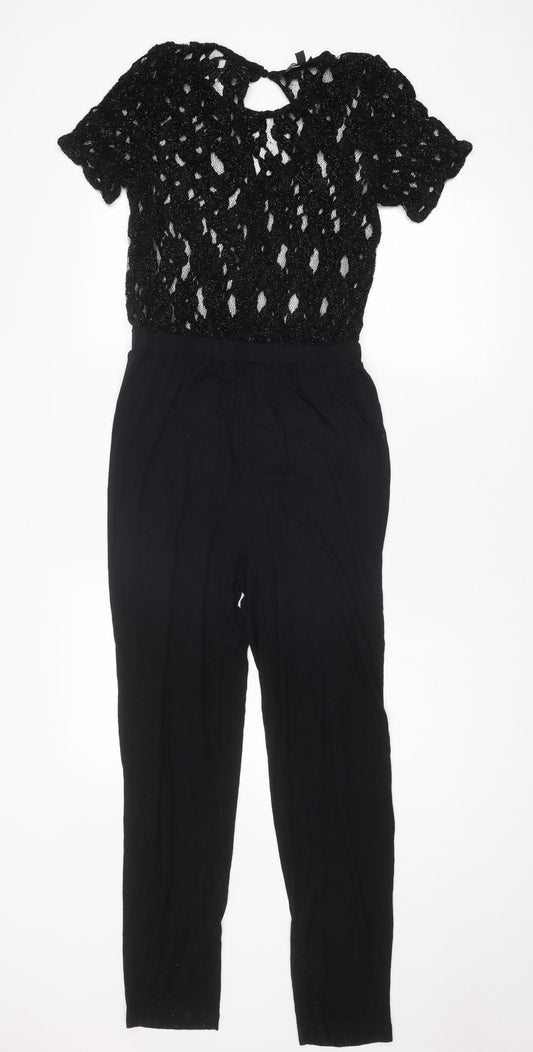 Topshop Womens Black Viscose Jumpsuit One-Piece Size 10 Button - Lace Detail
