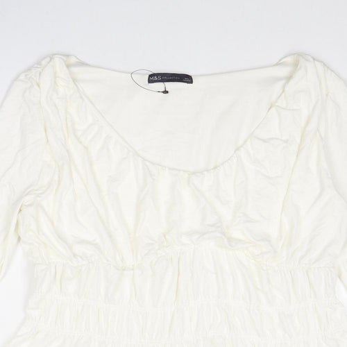 Marks and Spencer Womens White Viscose Basic T-Shirt Size 12 Scoop Neck - Peplum